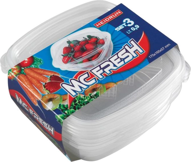 Recipientes cuadrados de plástico con tapa HEIDRUN McFresh 0,9 l, juego de 3 uds.