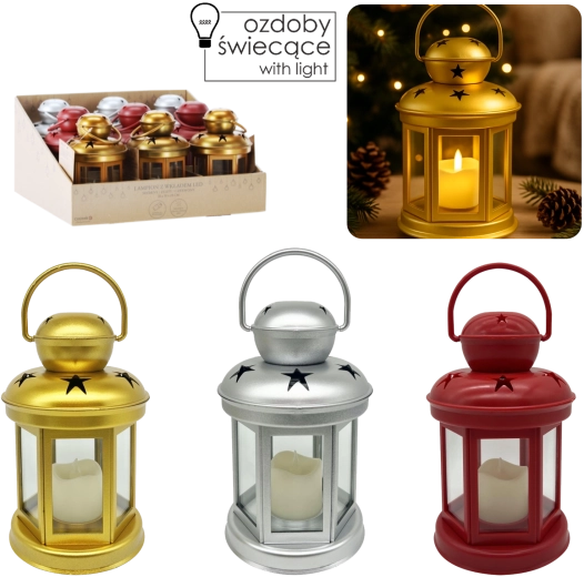 Farol LED decorativo 19 cm – plateado, dorado y rojo