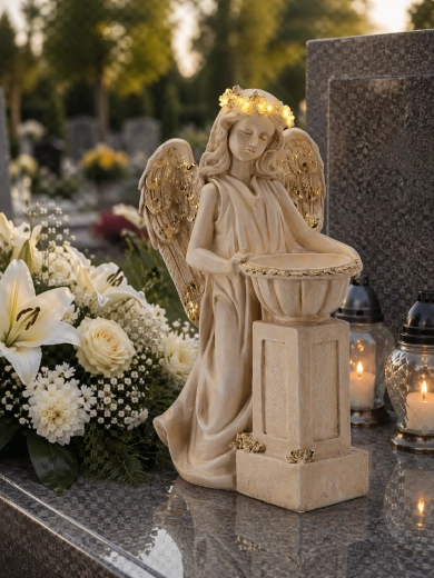 Figura de ángel con cuenco y corona LED de 46 cm