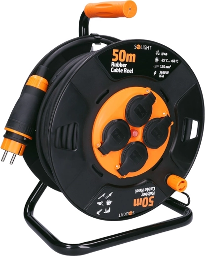 Solight alargador exterior de cable en bobina 50 m, 4 tomas, cable de goma, IP44