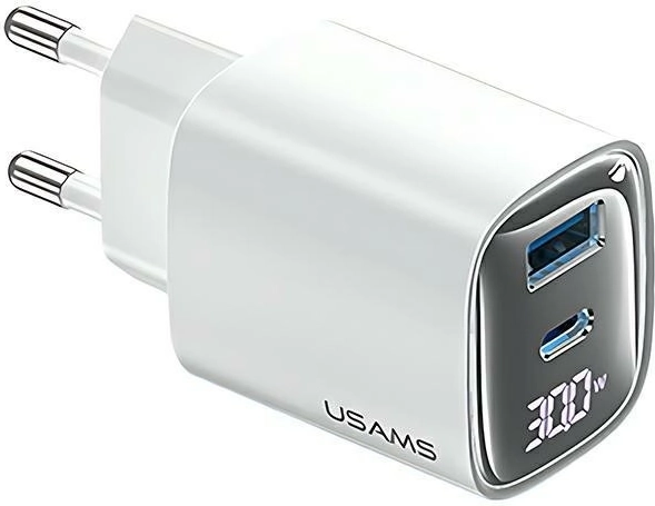 Cargador de red 30W GaN con pantalla LED USB + USB‑C blanco