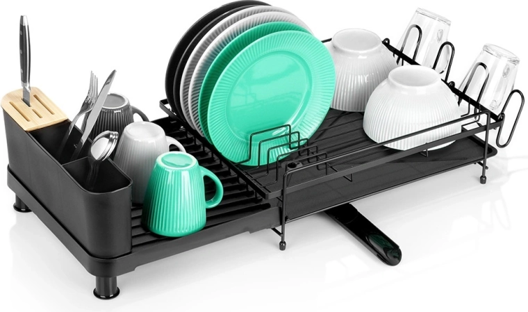 Escurreplatos metálico extensible, negro, 48–70 × 32,5 × 18 cm
