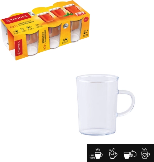 Vasos resistentes al calor con asa 220 ml – forma cónica, vidrio de borosilicato, set de 6 uds.