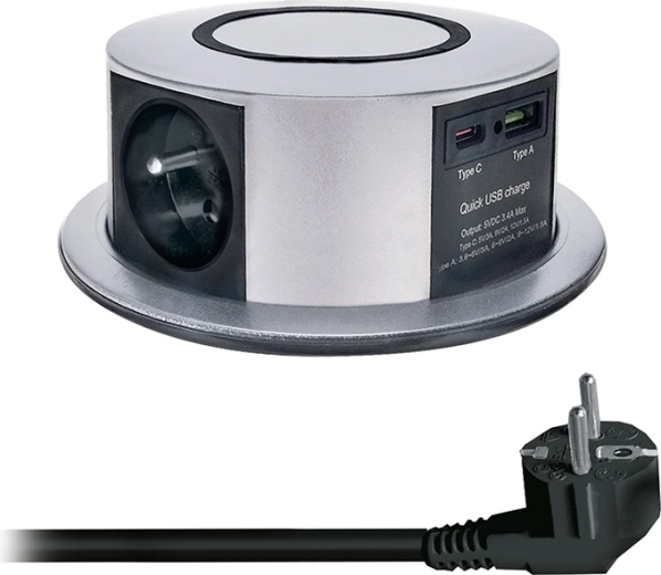 Solight bloque de enchufes retráctil para encimera 3× 230 V + USB-A/USB-C PD 20 W con carga inalámbrica Qi 10 W, 2 m, plateado
