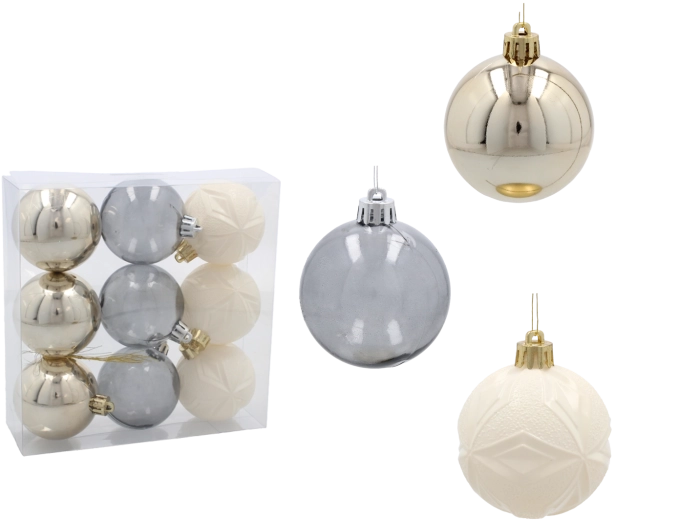 Set de bolas navideñas de 6 cm – champán, plateado y blanco, 9 uds