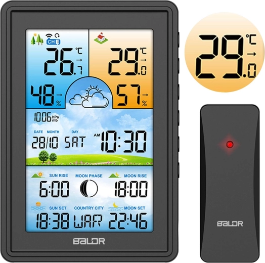 Estación meteorológica digital con sensor inalámbrico y hora DCF – negra
