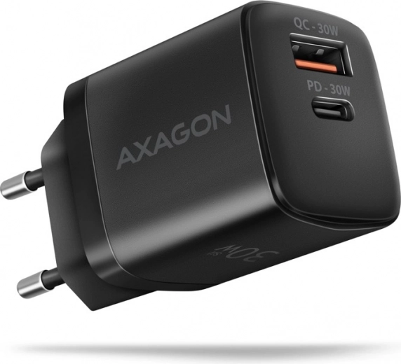 Cargador de red 30W PD y QC, USB‑C + USB‑A, negro