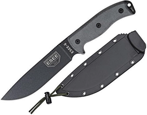 Cuchillo de supervivencia ESEE 16,5 cm con filo liso, negro/gris, Micarta, funda