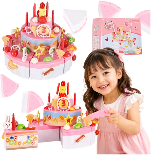 Pastel de cumpleaños infantil de tres niveles para cortar con cierres de velcro, luces y música (75 piezas), rosa