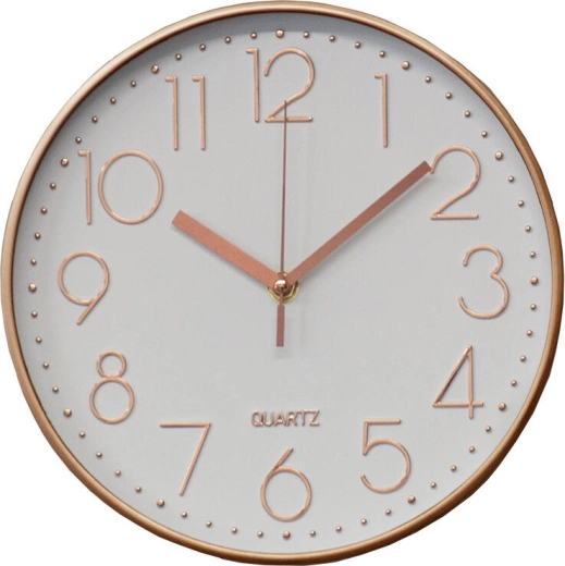Reloj de pared de 25 cm con esfera 3D – marco oro rosado, fondo blanco
