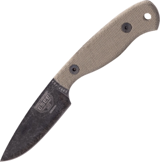 Cuchillo bushcraft ESEE JG3 Camp-Lore 8,9 cm, stonewash black oxide, micarta marrón, funda de cuero