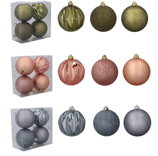 Set de 4 adornos navideños de 8 cm – oliva, cobre y grafito