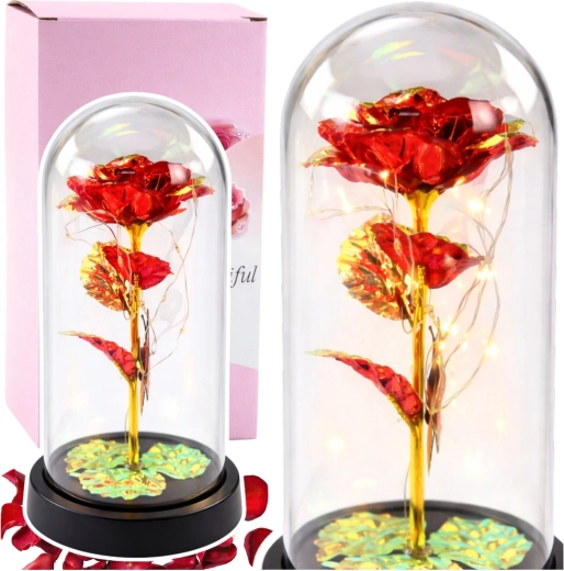 Rosa roja eterna bajo una cúpula de cristal con iluminación LED y mariposa