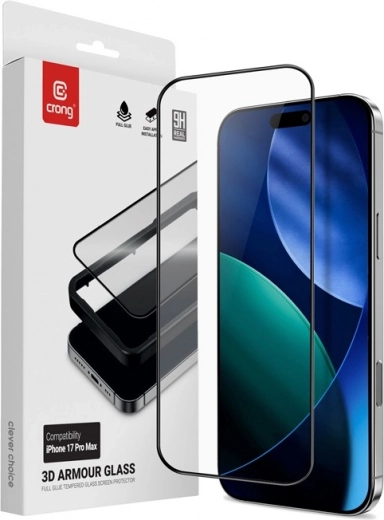 Cristal protector 3D Armour para iPhone 17 Pro Max con marco de instalación