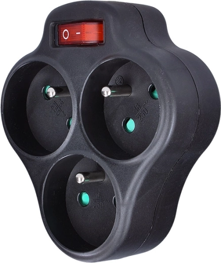 Solight adaptador múltiple para enchufe con interruptor, 3 tomas, negro