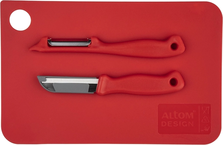 Tabla de cortar roja 24 × 16 cm con pelador y cuchillo para verduras de 6 cm