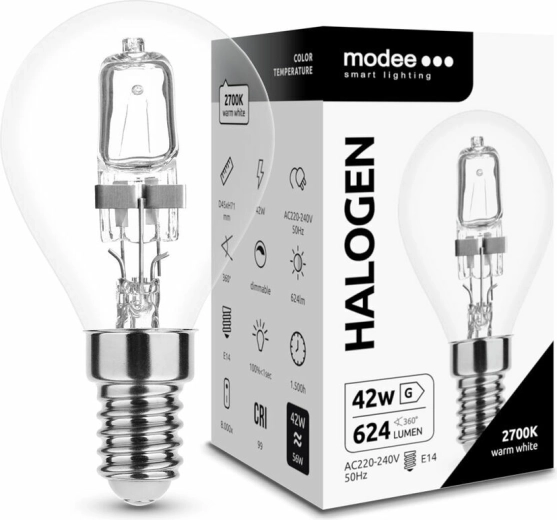 Bombilla halógena mini globo 42 W E14 blanco cálido MODEE ECO