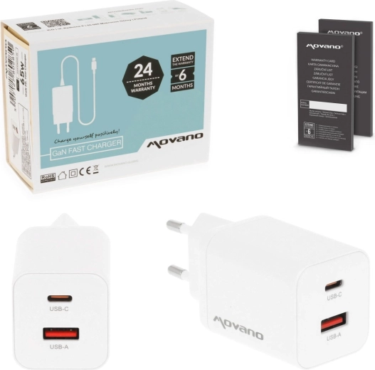 Cargador Movano GaN 45 W USB‑C PD + USB‑A blanco