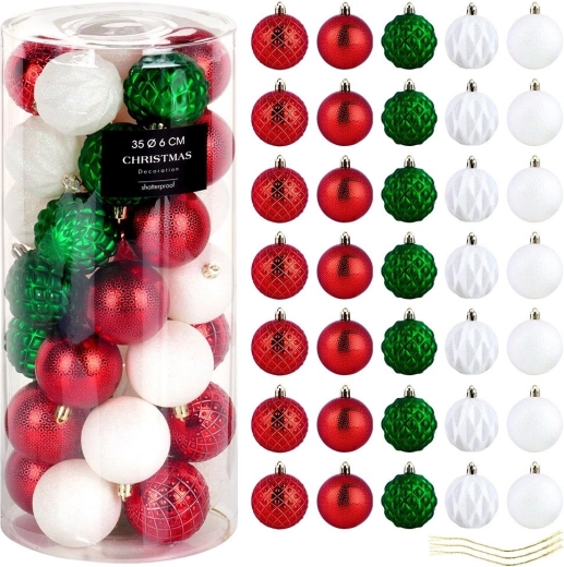 Juego de bolas navideñas irrompibles de 6 cm, rojas, verdes y blancas, 35 uds
