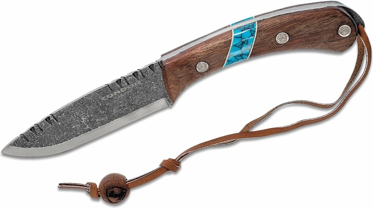 Cuchillo de caza Condor Blue River con funda de cuero, madera de nogal y turquesa, 11 cm