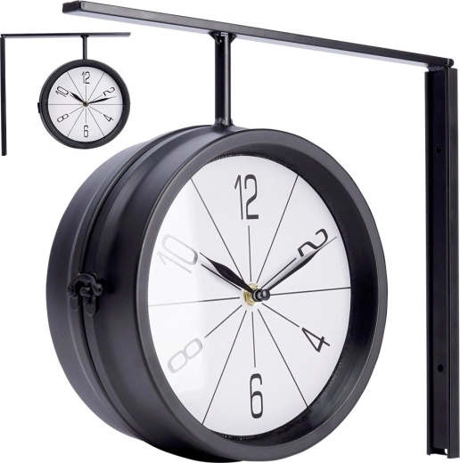 Reloj de pared metálico de doble cara 30,5 × 9,5 × 28 cm, negro