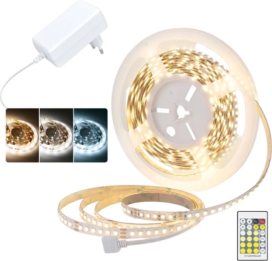 Tira de luz LED Solight 3CCT 5 m con adaptador 12 V y mando a distancia
