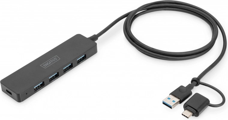 Hub USB 3.0 SlimLine de 4 puertos con adaptador USB-C 1,2 m 5 Gbps, conector de alimentación USB-C