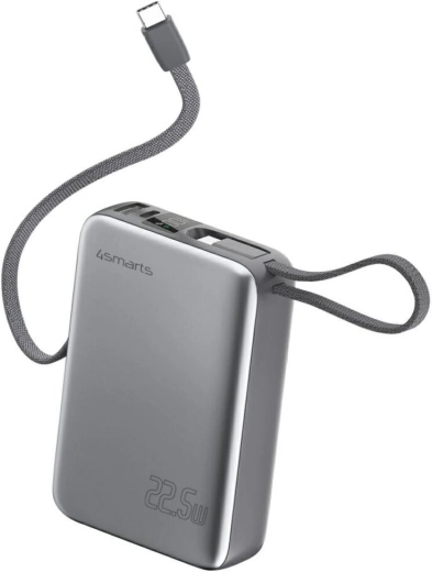 Powerbank 4smarts Pocket Dual Cord 20000 mAh, 22,5 W, con cable USB‑C integrado de 15 cm, gris