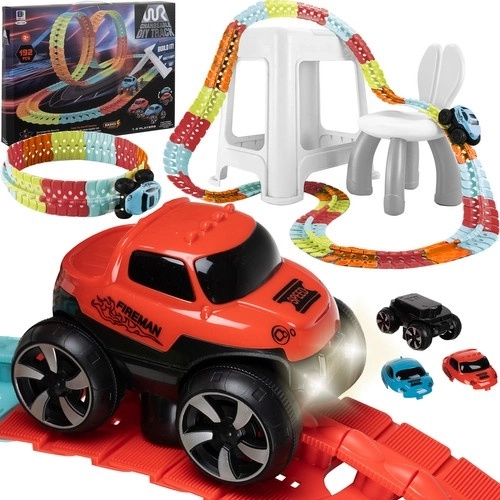 Pista de carreras flexible para niños, 192 piezas + cochecito LED