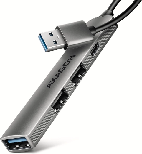 Axagon hue-sta hub USB de aluminio 4× puertos (1× USB‑A 5 Gbps, 2× USB‑A 2.0, 1× USB‑C 2.0) con cable de 12 cm