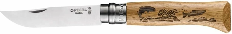 Opinel N°08 Inox Animalia navaja de bolsillo con motivo de peces, madera de roble, 8,5 cm