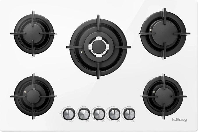Placa de cocina a gas ISEASY 77 cm, 5 quemadores, vidrio, blanca
