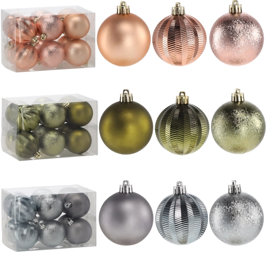 Set de 12 adornos navideños irrompibles de 6 cm – oliva, cobre y grafito