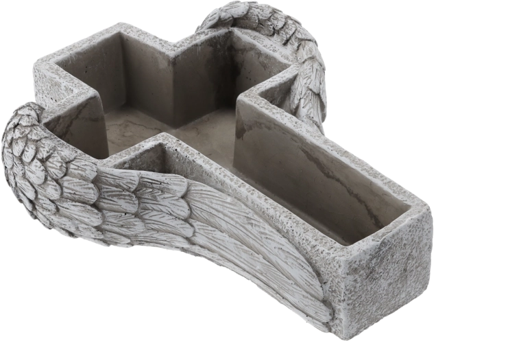 Macetero funerario de cemento con relieve de cruz con alas gris 27,5 cm