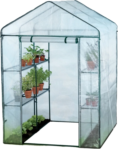 Invernadero de jardín de plástico con estantes blanco 140 × 140 × 200 cm