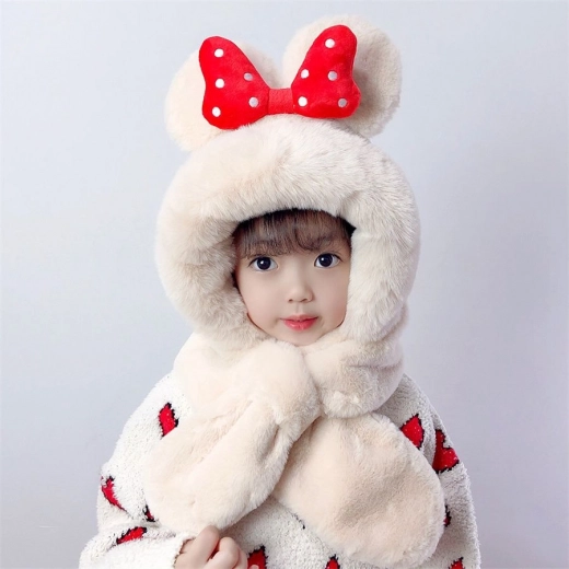 Gorro infantil de peluche con bufanda, beige con lazo rojo