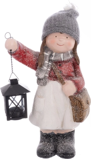 Decoración navideña: niña con farol de poliresina, 39 cm