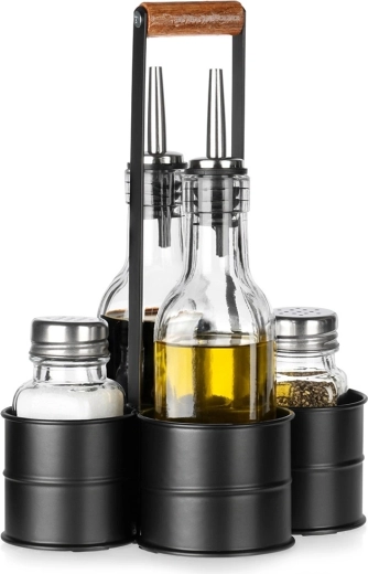 Juego de aceite y vinagre con salero y pimentero en soporte, 5 piezas