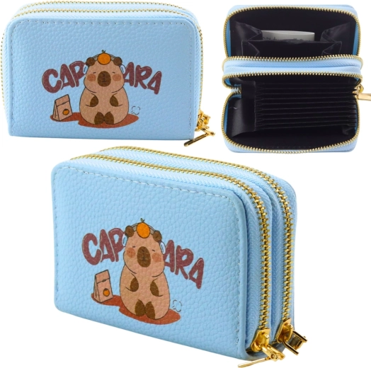 Billetera azul de dos compartimentos con capibara, ranuras para tarjetas 12,5 × 8,5 cm