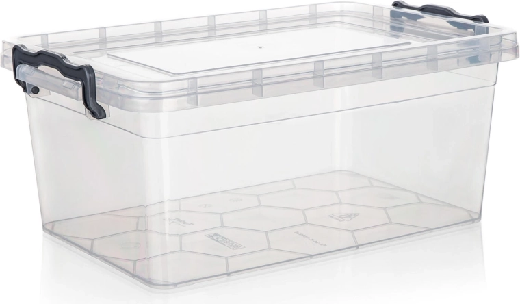 Caja de almacenamiento GEMA 9 l con tapa y clips, transparente