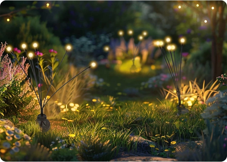 Efecto mágico de luciérnagas en el jardín