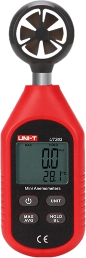 Anemómetro UNI‑T para medición de velocidad del viento y temperatura