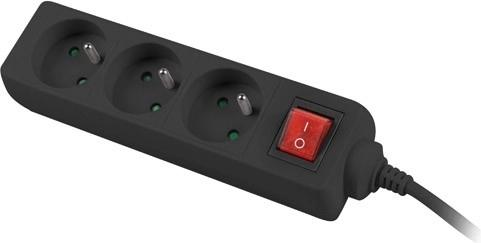 Alargador 3 tomas con interruptor, 3 m, negro, cable de cobre