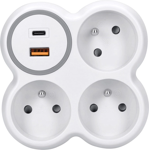 Solight ladrón para enchufe 3× 16 A con carga rápida USB-A y USB-C PD 20 W blanco-gris
