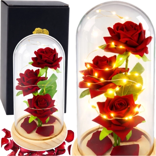 Rosas rojas eternas en cúpula de cristal con iluminación LED 21,5 × 11 cm