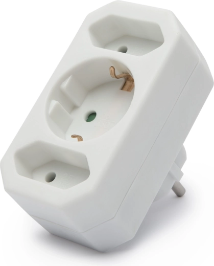 Adaptador de red 1+2 tomas con conexión a tierra