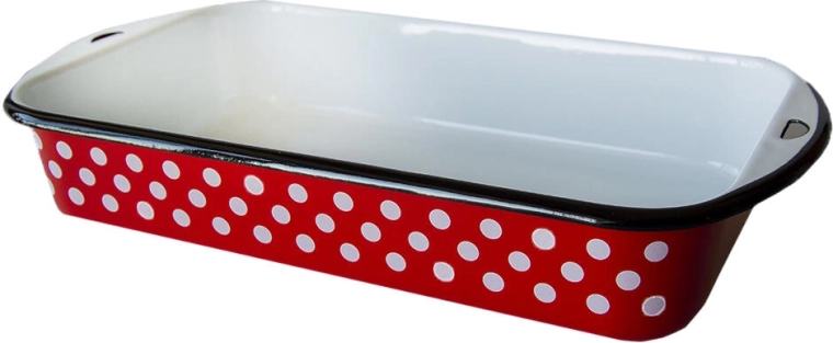Fuente esmaltada 30 × 18 cm, 2,7 l – lunares rojos