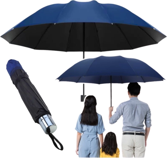 Paraguas plegable grande con 12 varillas, funda azul marino, 110 cm