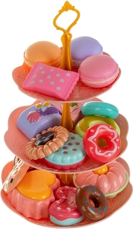 Soporte de tres niveles y dulces de colores