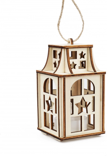 Farol de madera con estrellitas con vela LED